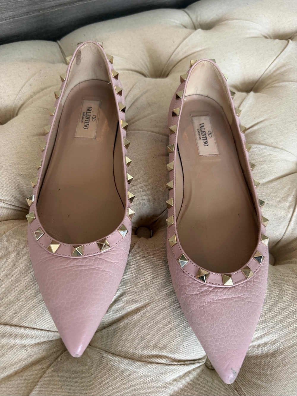 Valentino Pink Leather Rockstud Pointed Flats